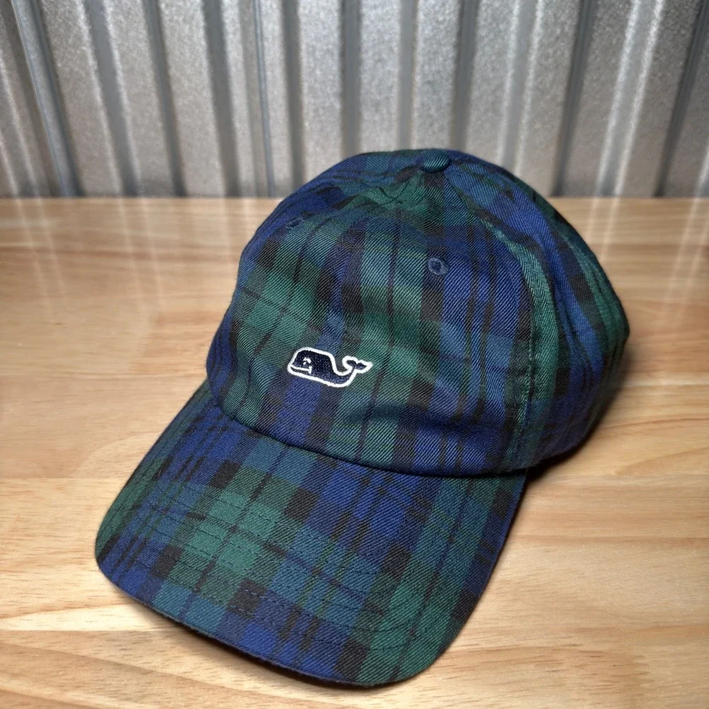 Vineyard Vines Baseball Hat Men OS Blue Green Blackwatch Plaid Whale Logo Cap